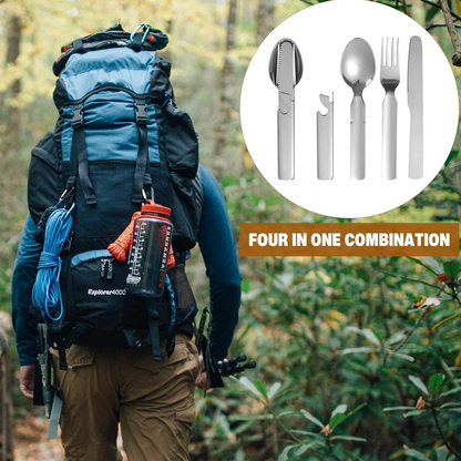 🍴🏕️ 4 az 1-ben szabadtéri rozsdamentes acél kés-villa-kanál szett